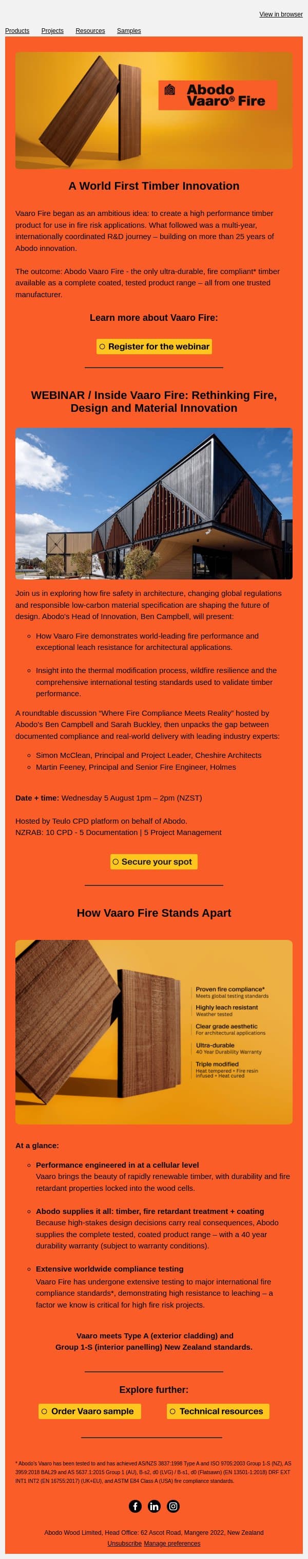 A World First Timber Innovation / Abodo Vaaro Fire email from Abodo Wood screenshot