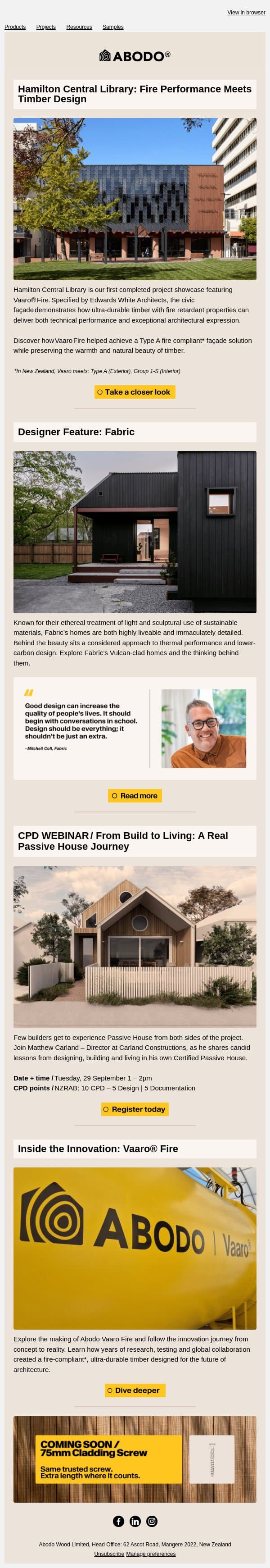 NZ's First Civic Project Featuring Vaaro® Fire email from Abodo Wood screenshot