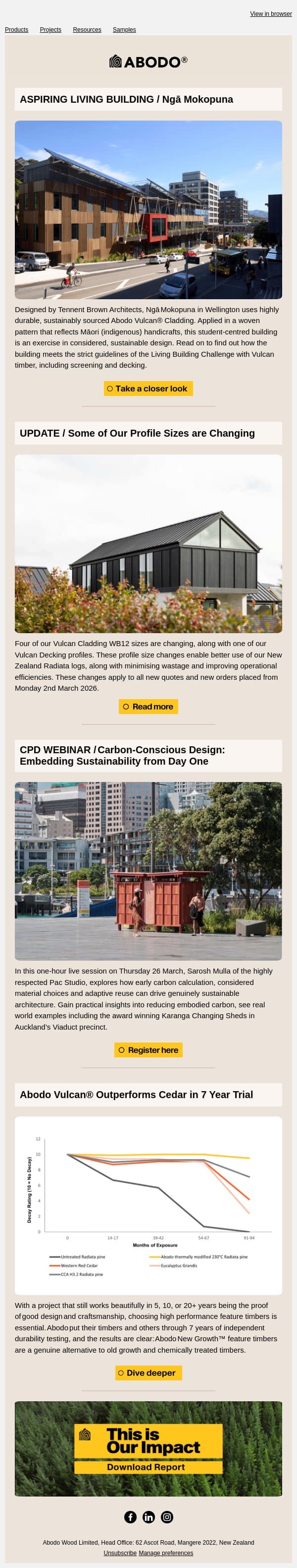 Ngā Mokopuna + Vulcan® Outperforms Cedar email from Abodo Wood screenshot