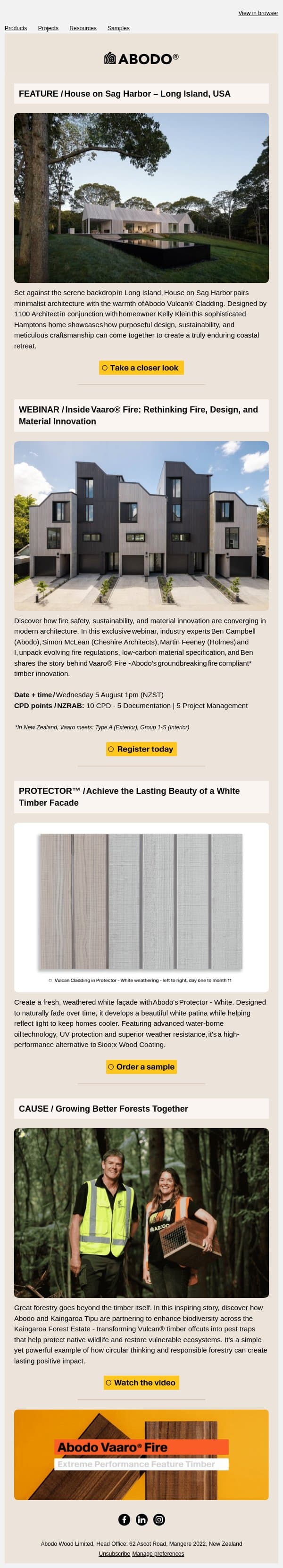 House on Sag Harbor + CPD Webinar: Inside Vaaro® Fire email from Abodo Wood screenshot
