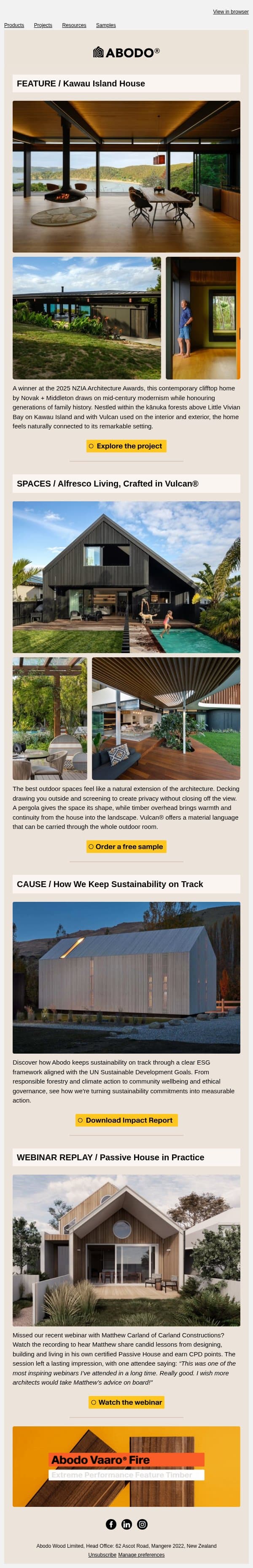 Award Winning Kawau Island House email from Abodo Wood screenshot