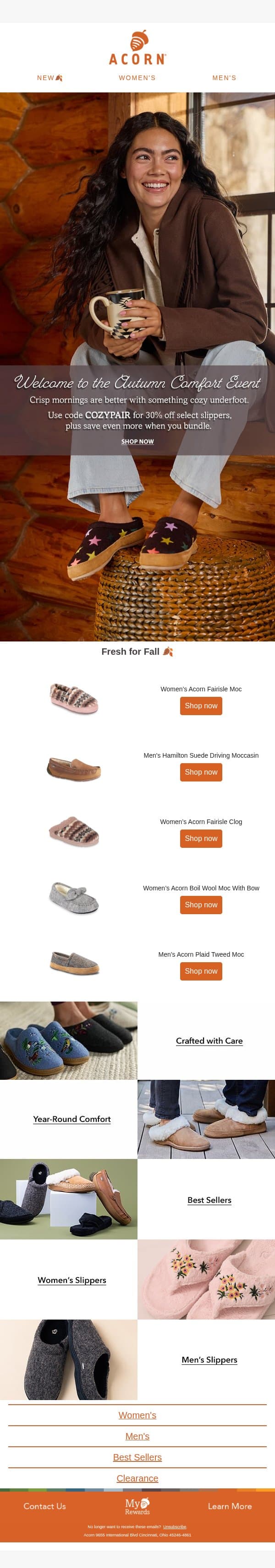 Last day for 30% off select slippers! email from Acorn Sheepskin screenshot