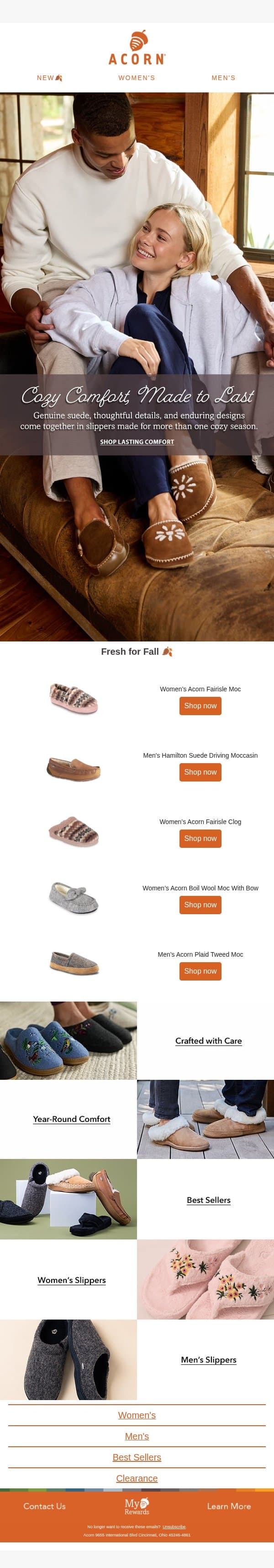 Quality classics that are oh so cozy email from Acorn Sheepskin screenshot