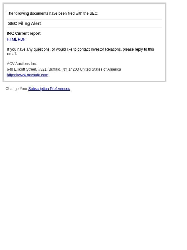SEC Filing Alert for ACV Auctions Inc. email from ACV Auctions