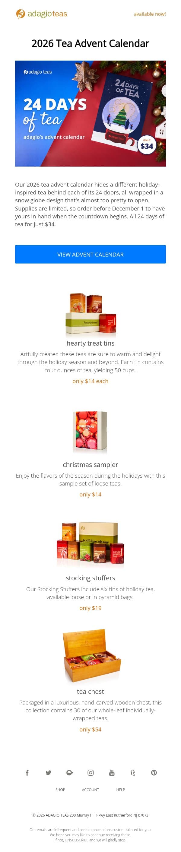 2026 Tea Advent Calendar email from Adagio Teas screenshot