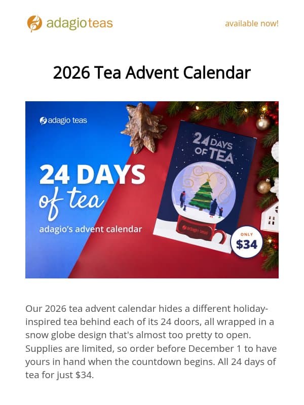2026 Tea Advent Calendar email from Adagio Teas