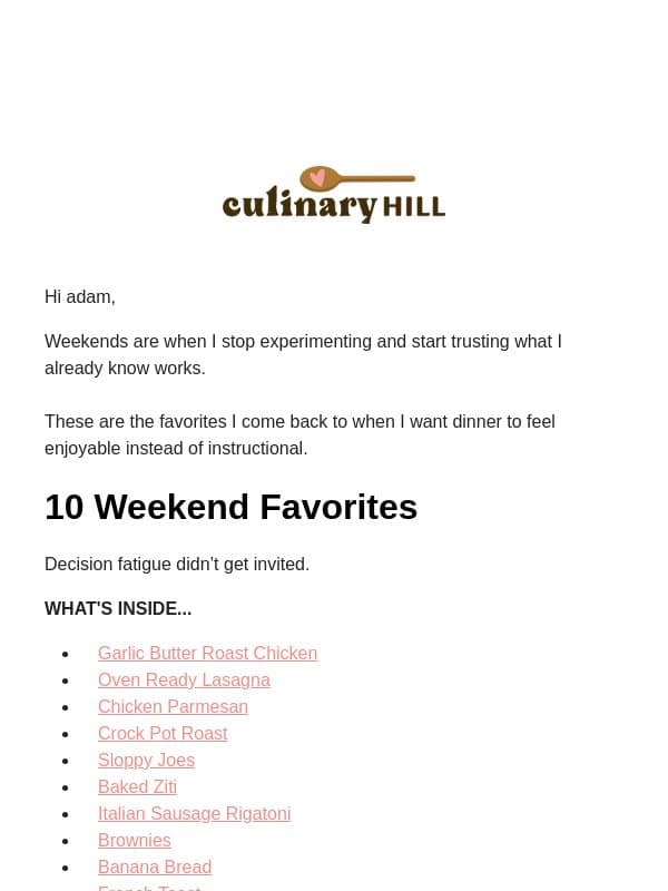 10 Recipes That Never Let Me Down email from "adam" <carlsbad Cravings screenshot