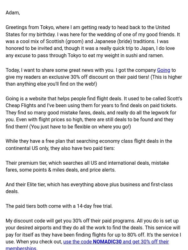 A reader exclusive deal! email from "adam" <nomadic Matt