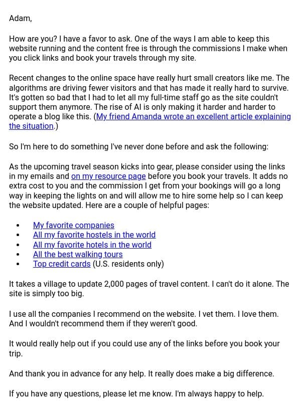 Traveling soon? I got a favor to ask email from "adam" <nomadic Matt