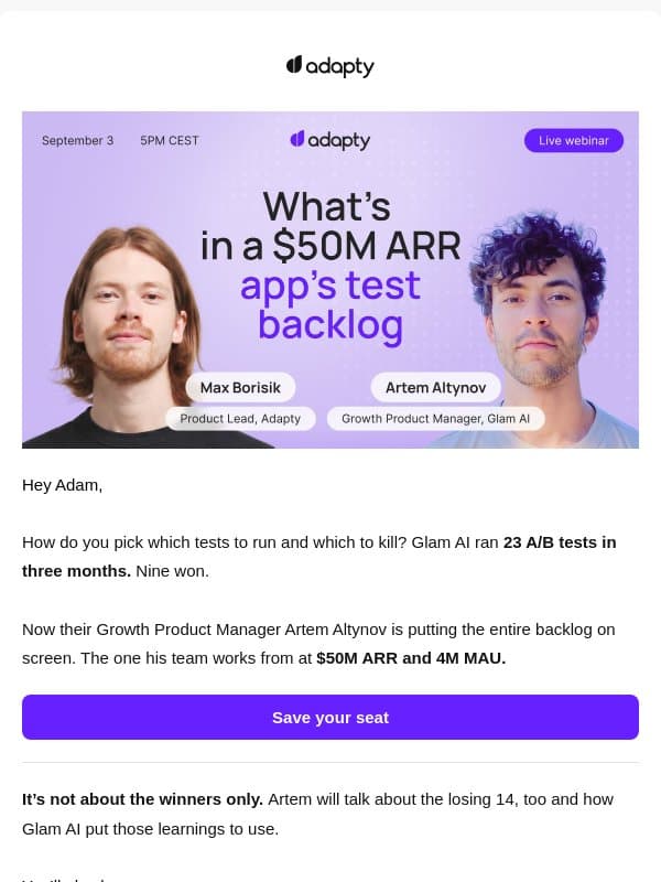 How does a $50M ARR app run its A/B tests? email from Adapty