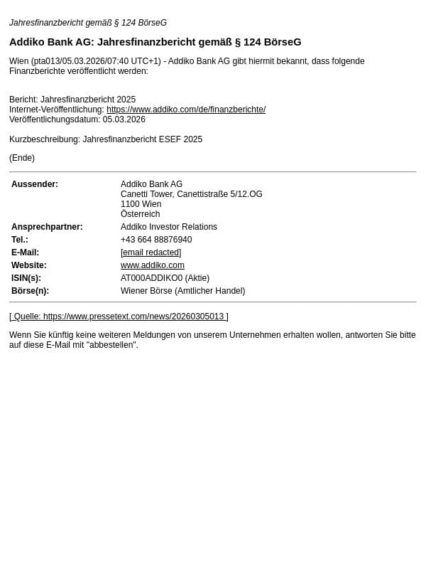 Addiko Bank AG: Jahresfinanzbericht gemäß § 124 BörseG email from Addiko Bank screenshot