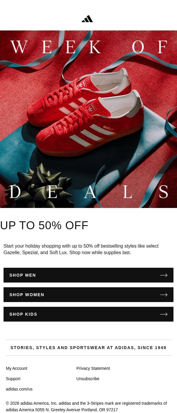 Week of Deals: Save on Gazelle, Soft Lux, and more email from adidas screenshot