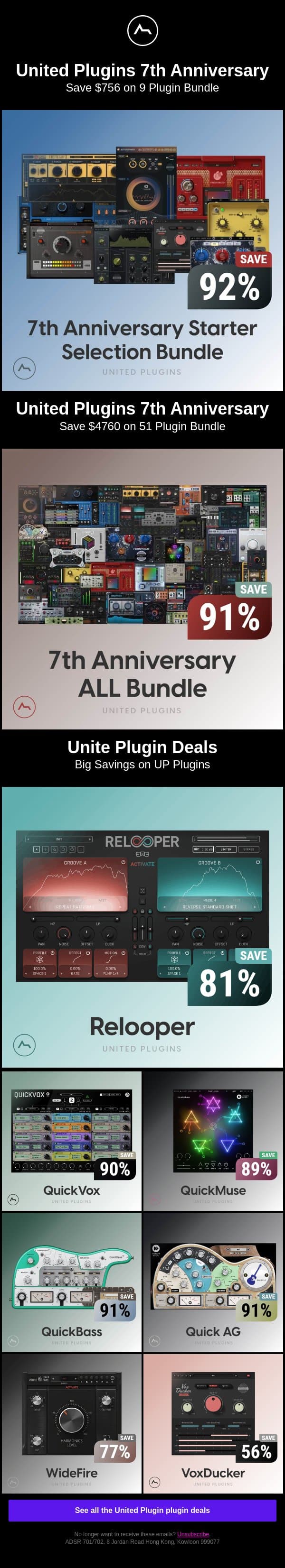 đź”´ Save $4760 on 51 Plugin Bundle - United Plugins Anniversary email from ADSR Sounds screenshot