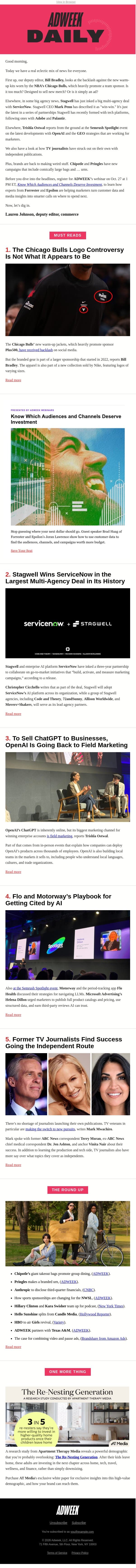 Have Sponsors Gone Too Far With the Chicago Bulls Gear? email from Adweek Sports Marketing screenshot