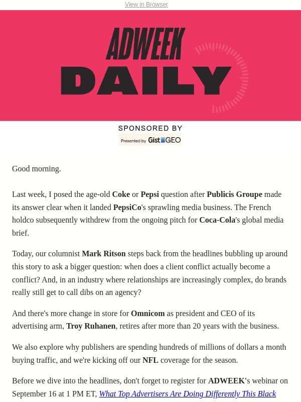 Are Client Conflicts Losing Fizz? email from Adweek Sports Marketing