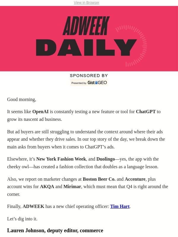 What Advertisers Want From OpenAI email from Adweek Sports Marketing