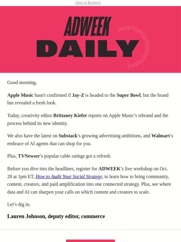 Apple Music Has a New Look email from Adweek Sports Marketing
