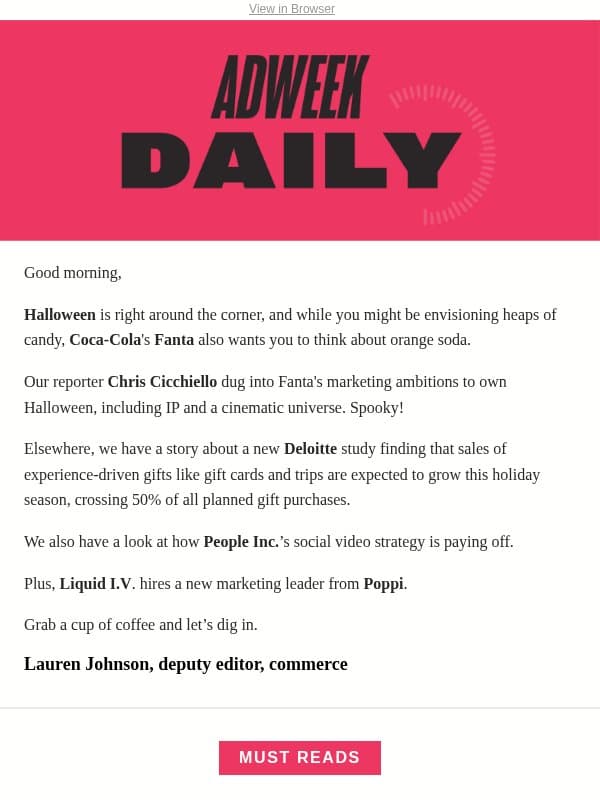 Fanta Wants to Take Over Halloween email from Adweek Sports Marketing