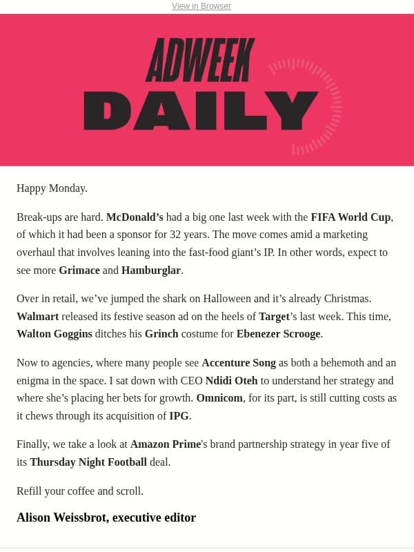 McDonald’s Breaks Up With FIFA email from Adweek Sports Marketing