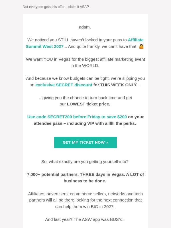 adam, secret discount for you inside 👉 email from Affiliate Summit