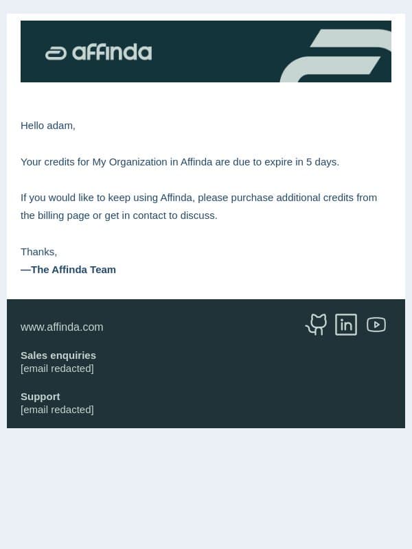 Your Affinda credits are expiring in 5 days email from Affinda