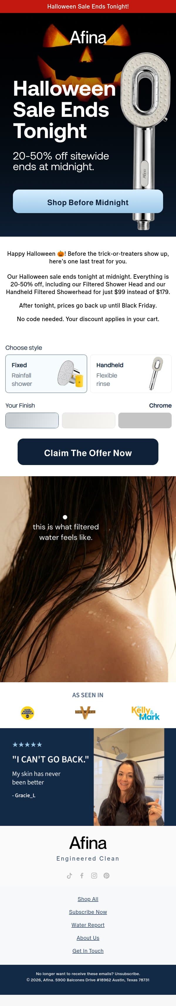 Halloween sale ends tonight email from Afina screenshot