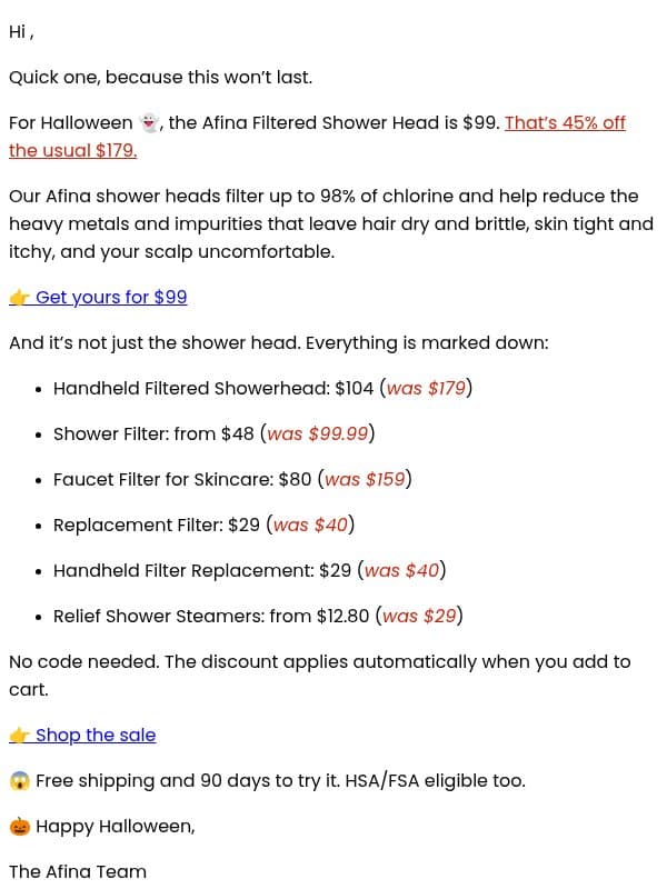 Halloween sale is LIVE: 45% off Afina email from Afina