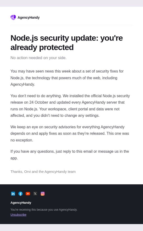 Node.js security update: you're already protected email from Agency Handy screenshot