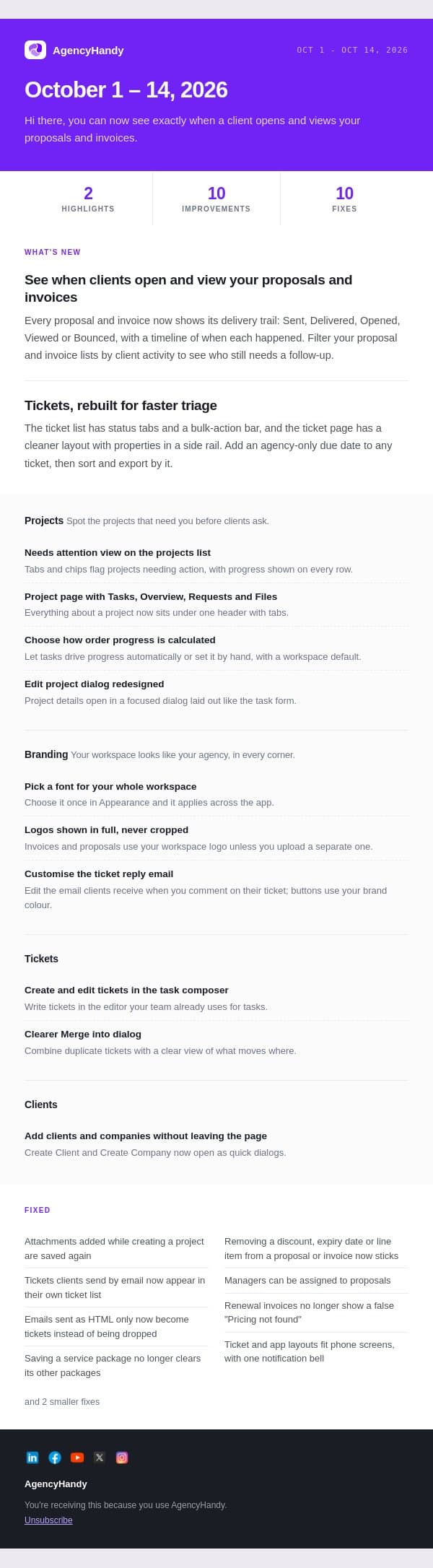 AgencyHandy Release Notes · Oct 1 - Oct 14, 2026 email from Agency Handy screenshot