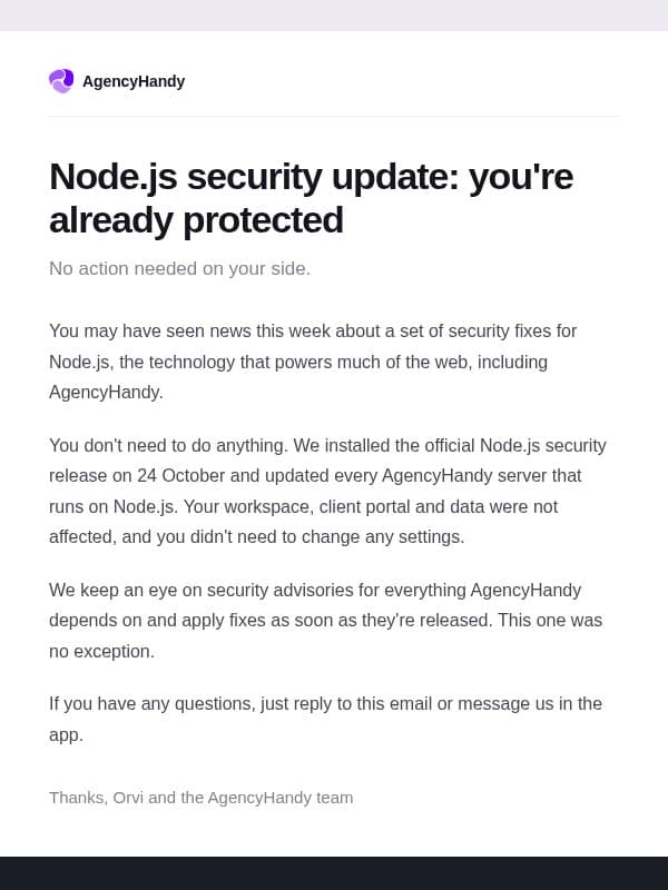 Node.js security update: you're already protected email from Agency Handy