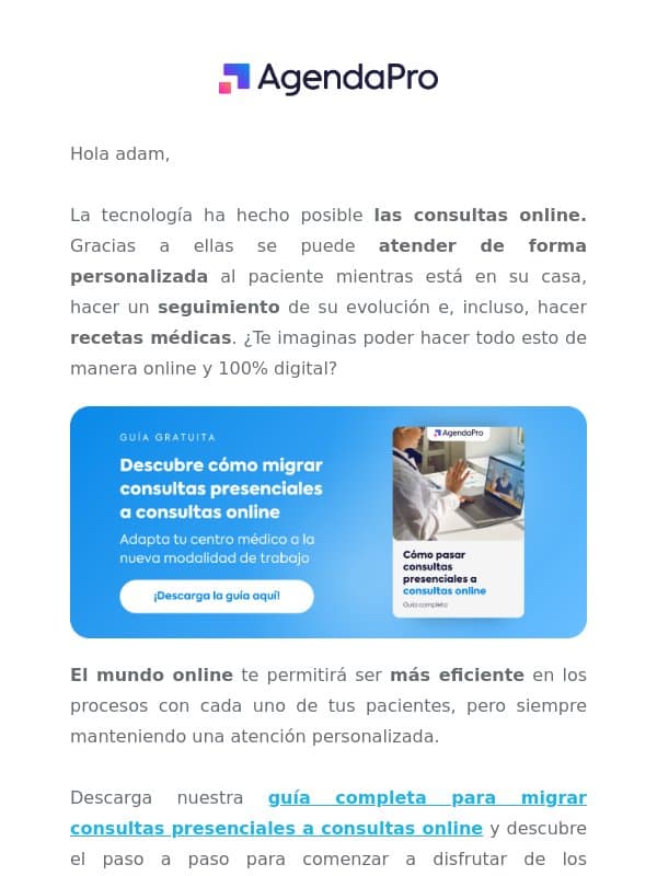 ¿Cómo migrar las consultas presenciales a online? email from AgendaPro