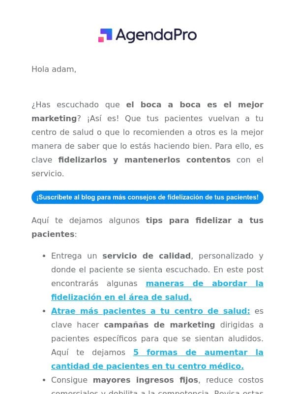 Fideliza a tus pacientes con pequeños cambios en tu día a día email from AgendaPro