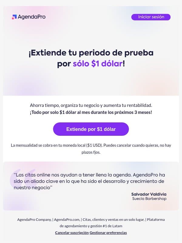 ¡Continúa usando AgendaPro por solo $1 dólar al mes! email from AgendaPro
