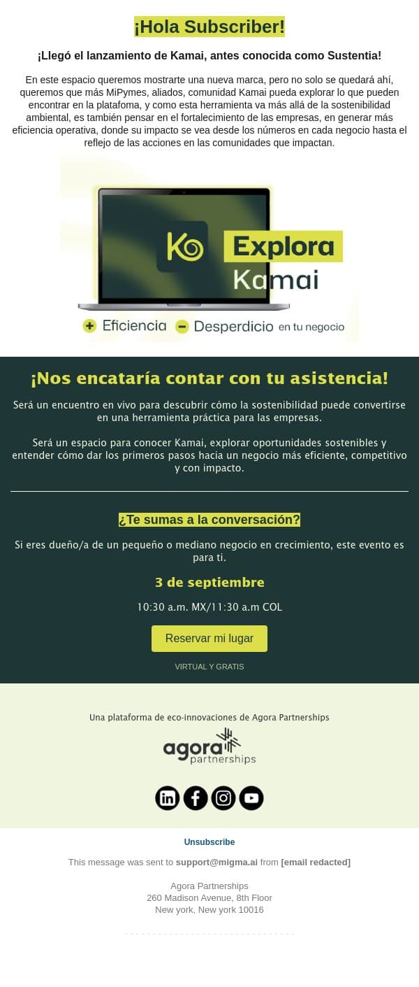 📣 Subscriber Invitación al lanzamiento de Kamai email from Agora Partnerships screenshot