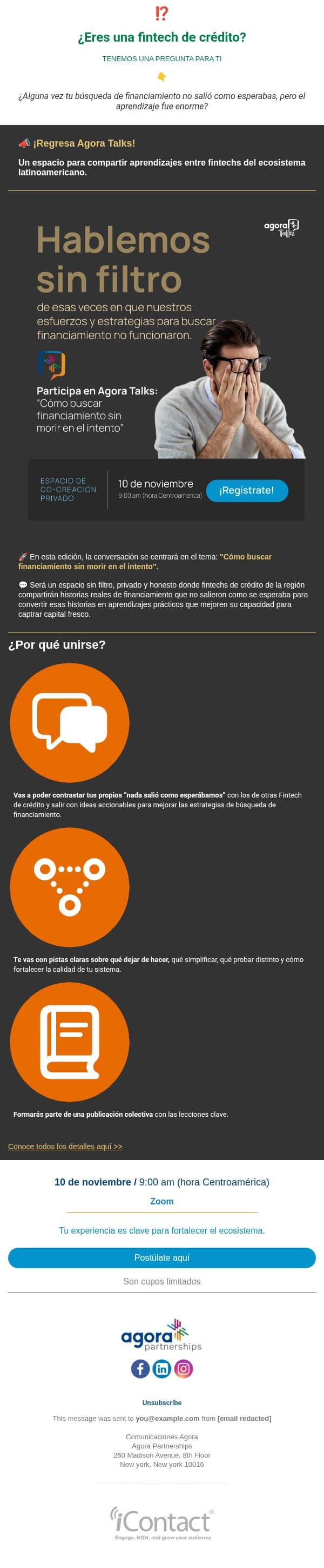 Si eres una Fintech tenemos una pregunta para ti 🧐 email from Agora Partnerships screenshot