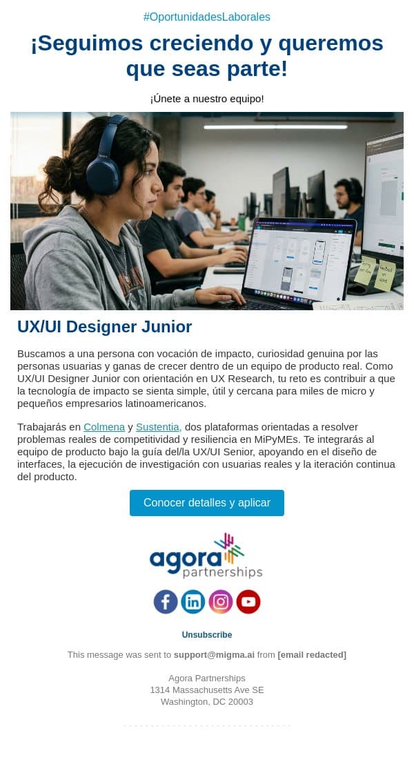 #OportunidadeLaboral π UX/UI Designer Junior email from Agora Partnerships screenshot