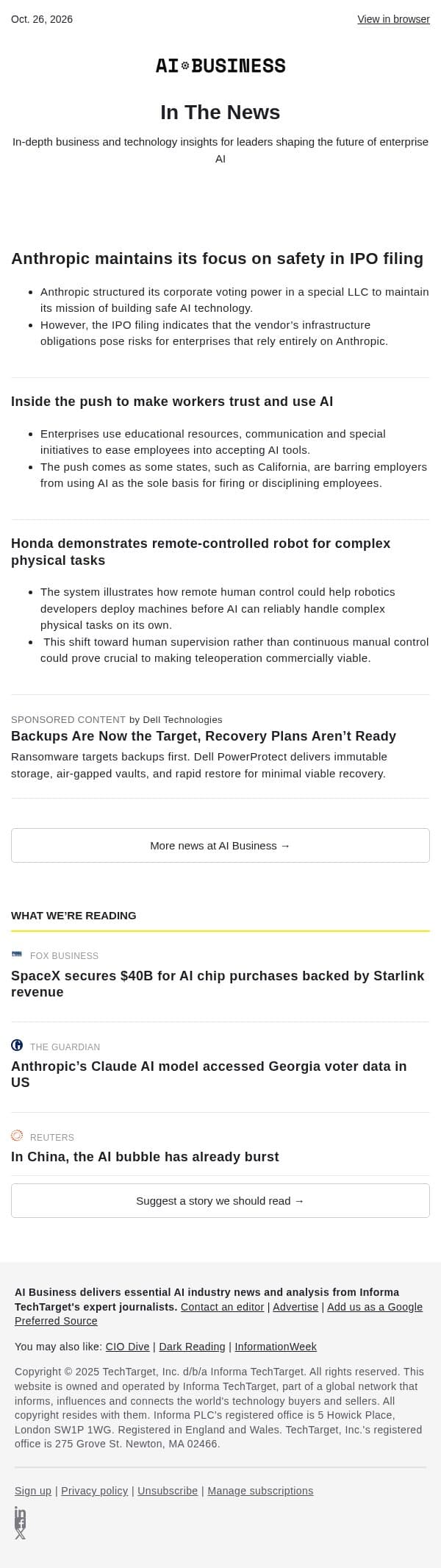 Oct. 26 - Anthropic files for IPO | Businesses push employees to use AI email from AI Business screenshot