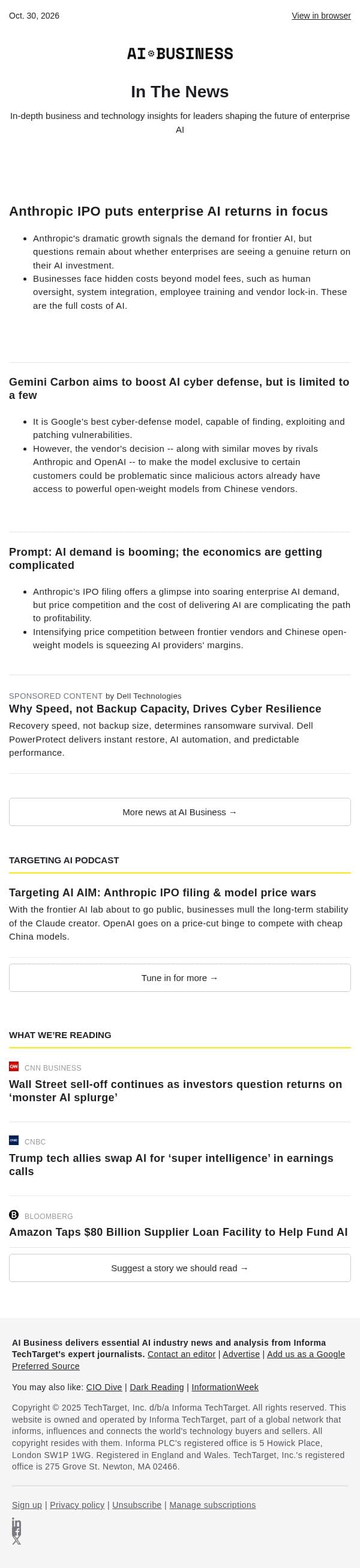Oct. 30 - Anthropic’s IPO shows full AI cost | Google Gemini Carbon: restricted email from AI Business screenshot