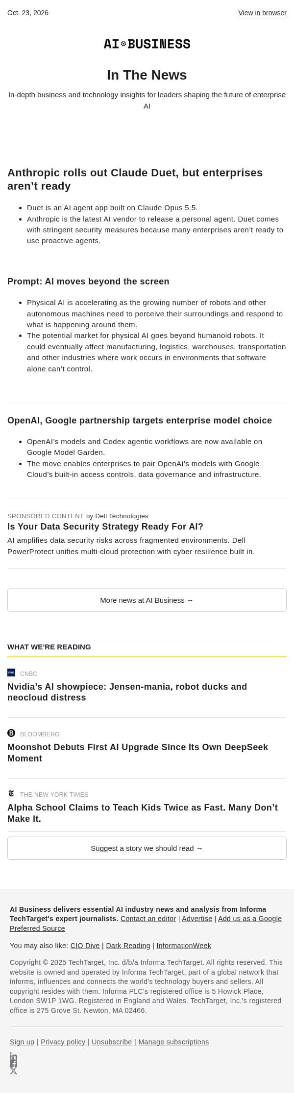 Oct. 23 - Claude Duet agent makes late debut I Physical AI accelerates email from AI Business screenshot