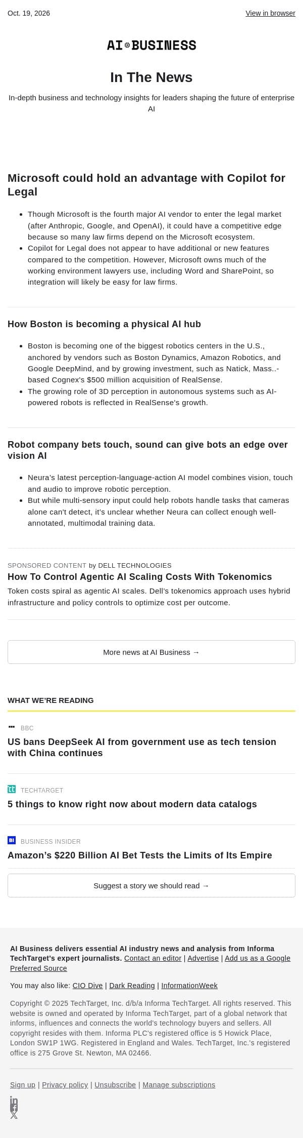 Oct. 19 - Microsoft primed for legal AI race | Boston is the next robot hub email from AI Business screenshot