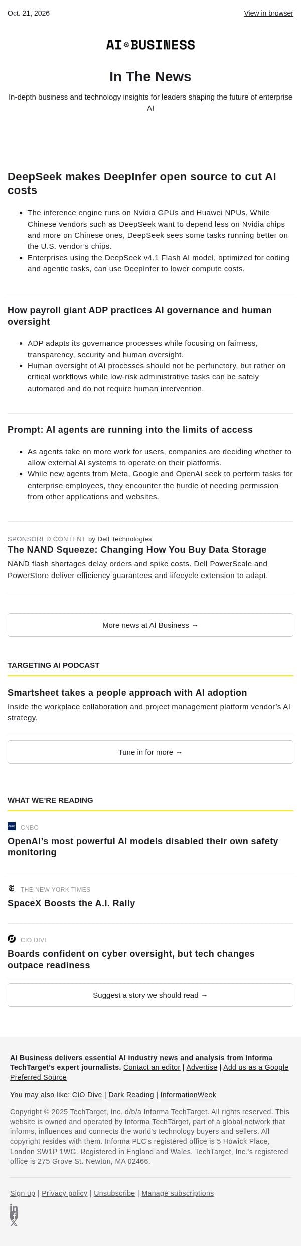 Oct. 21 - DeepSeek goes open source on inference I ADP puts AI governance into action email from AI Business screenshot