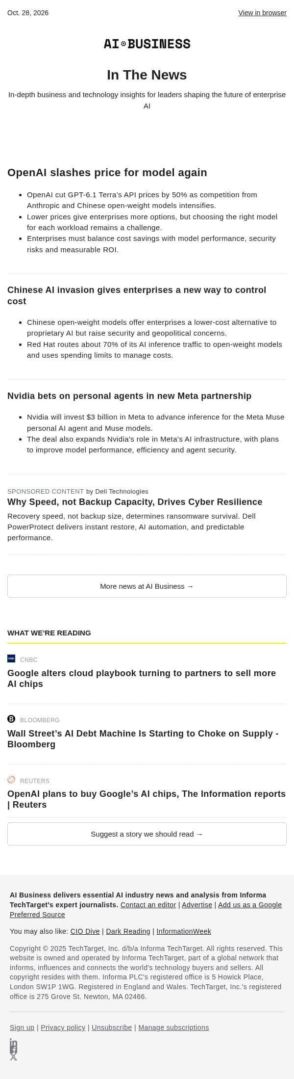 Oct. 28 - OpenAI slashes price for model again email from AI Business screenshot