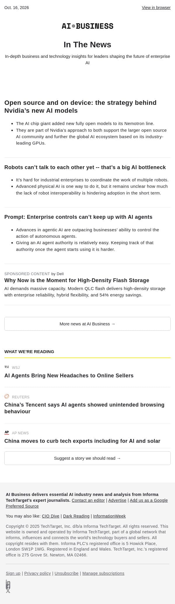 Oct. 16 - Nvidia strategizes on-device, open source I Creating robot interoperability with AI email from AI Business screenshot