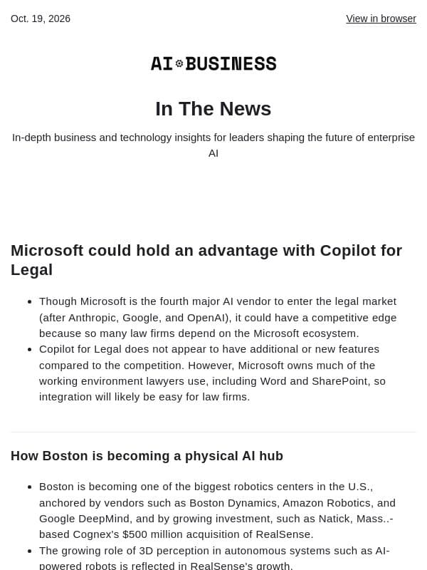 Oct. 19 - Microsoft primed for legal AI race | Boston is the next robot hub email from AI Business