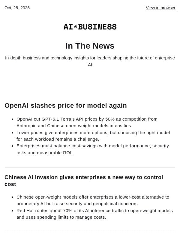Oct. 28 - OpenAI slashes price for model again email from AI Business