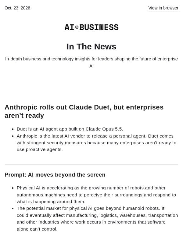 Oct. 23 - Claude Duet agent makes late debut I Physical AI accelerates email from AI Business