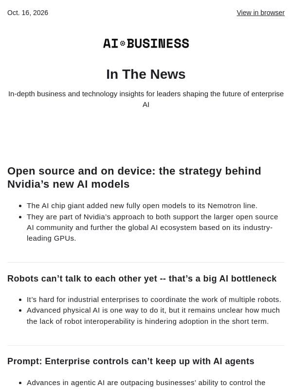 Oct. 16 - Nvidia strategizes on-device, open source I Creating robot interoperability with AI email from AI Business