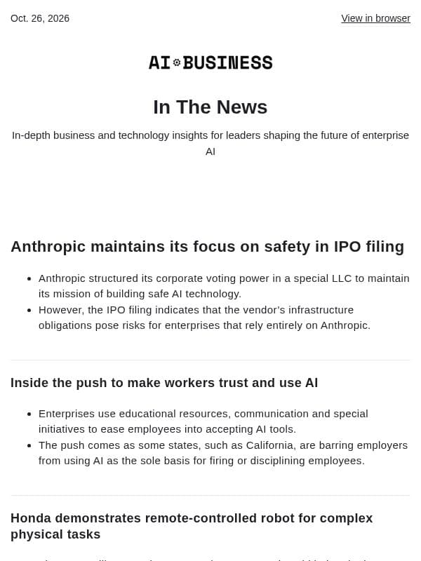 Oct. 26 - Anthropic files for IPO | Businesses push employees to use AI email from AI Business