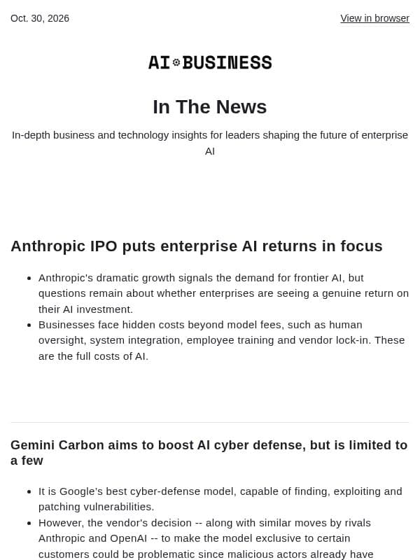 Oct. 30 - Anthropic’s IPO shows full AI cost | Google Gemini Carbon: restricted email from AI Business