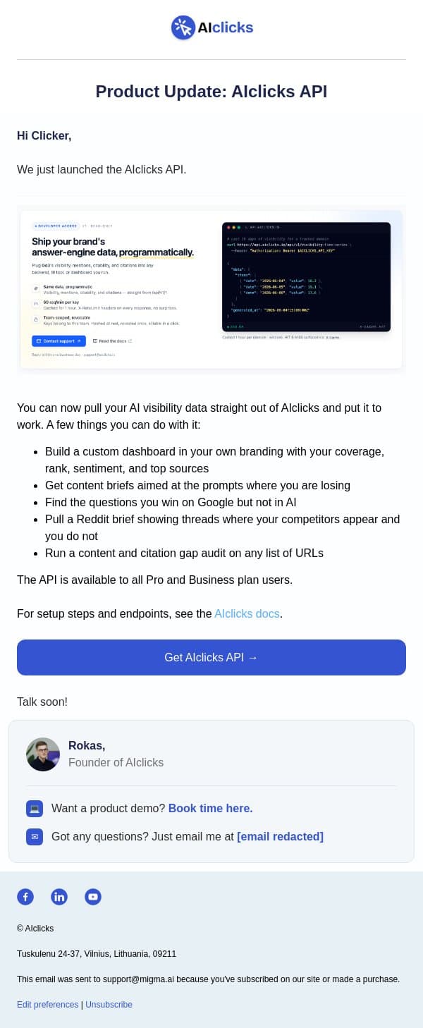 AIclicks API is live email from AIclicks.io screenshot